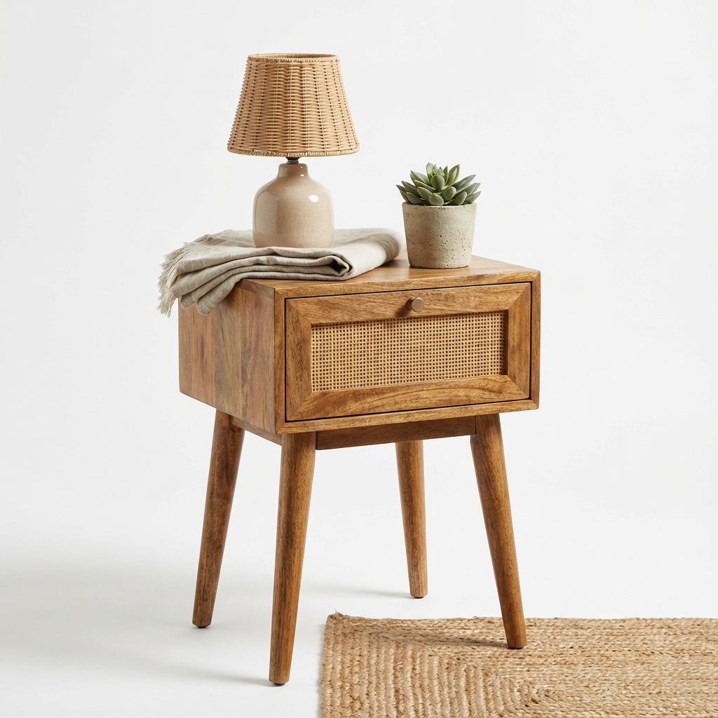 Tulum Mango Wood and Rattan Bedside Table - 1 Drawer