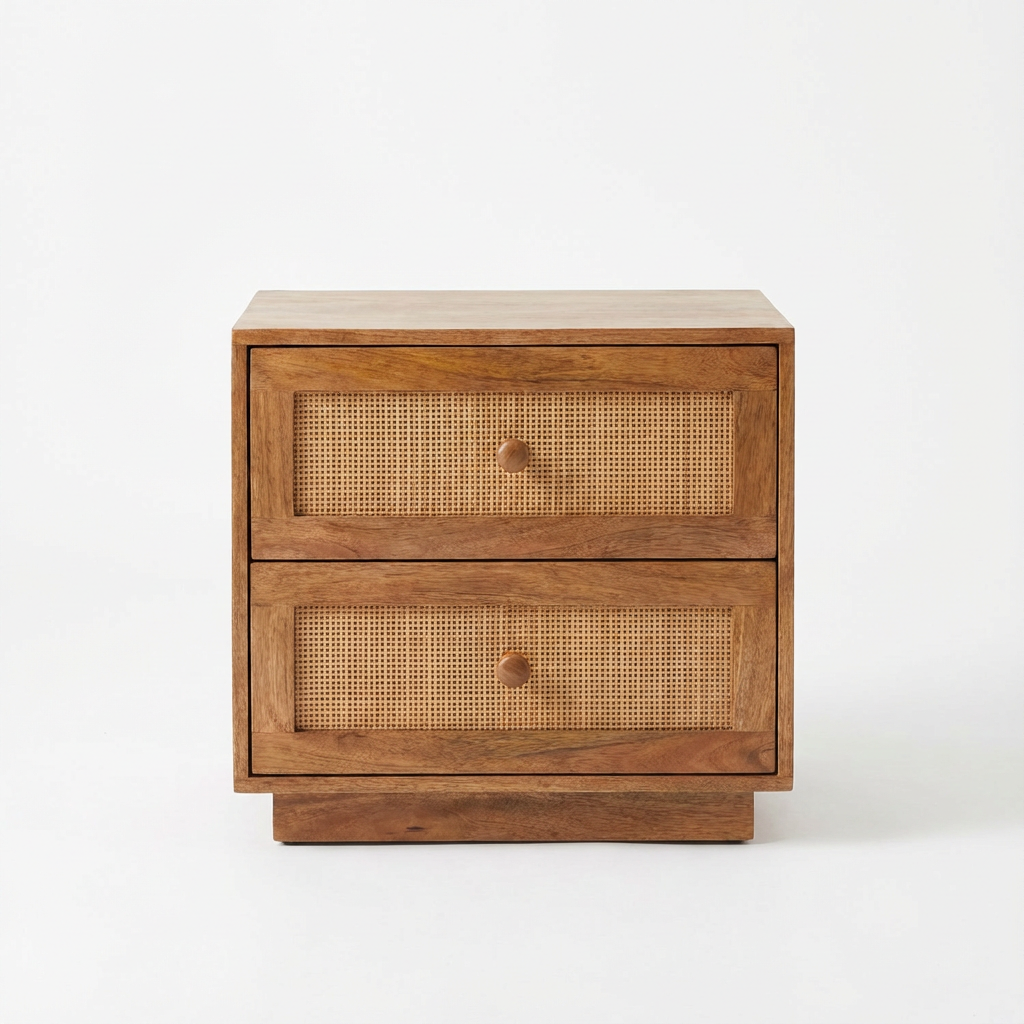 Tulum Mango Wood and Rattan Bedside Table - 2 Drawer