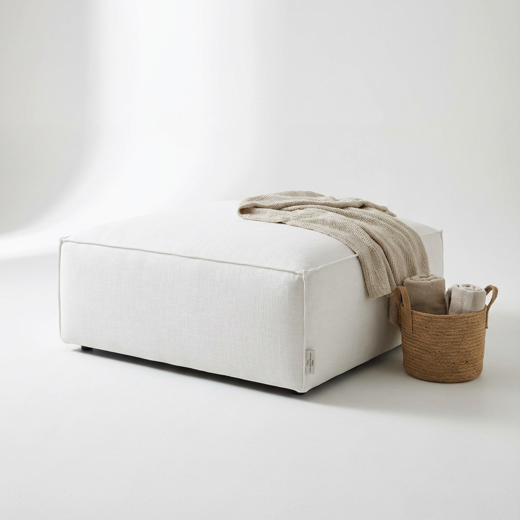 Como Linen Square Ottoman White
